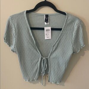 Windsor Sky Blue Ribbed Tie-Front Blouse